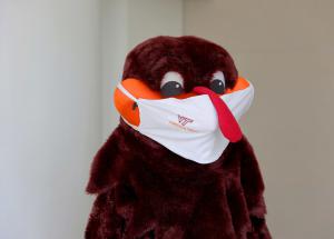 Hokie Bird wearing a mask.